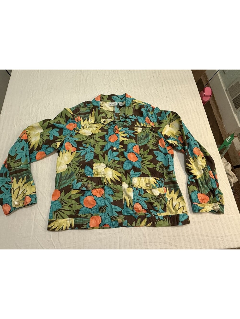 Chico's Tropical Print Utility Jacket Size 2 (L) Cotton Snap Pockets Teal Coral